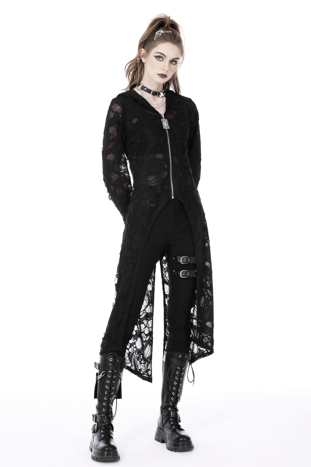 Ripped Hooded Half Zip Long Jacket