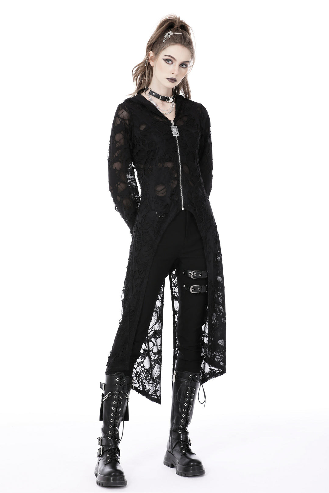 Ripped Hooded Half Zip Long Jacket