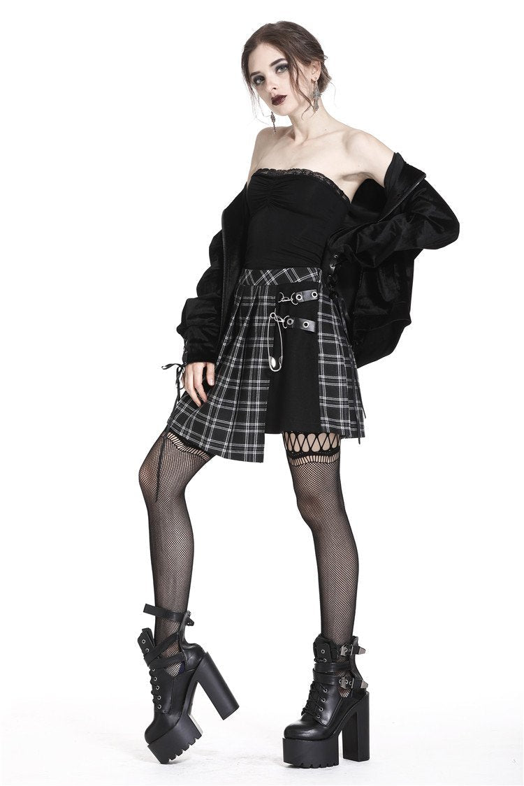 Grid Pleated Big Safety Pin Mini Skirt