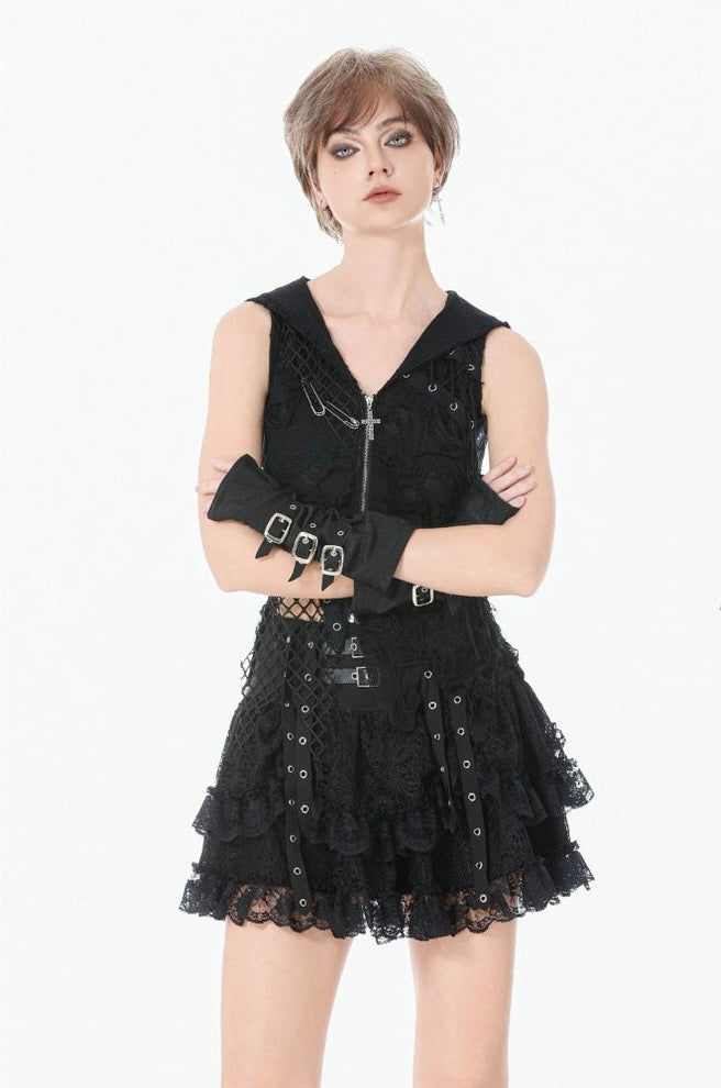 Ruffle Double Buckle Eyelet Strap Mini Skirt