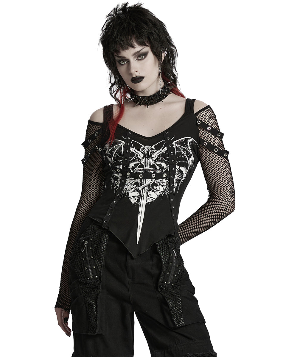 Punk Printed Mesh Strap Full Sleeve Top