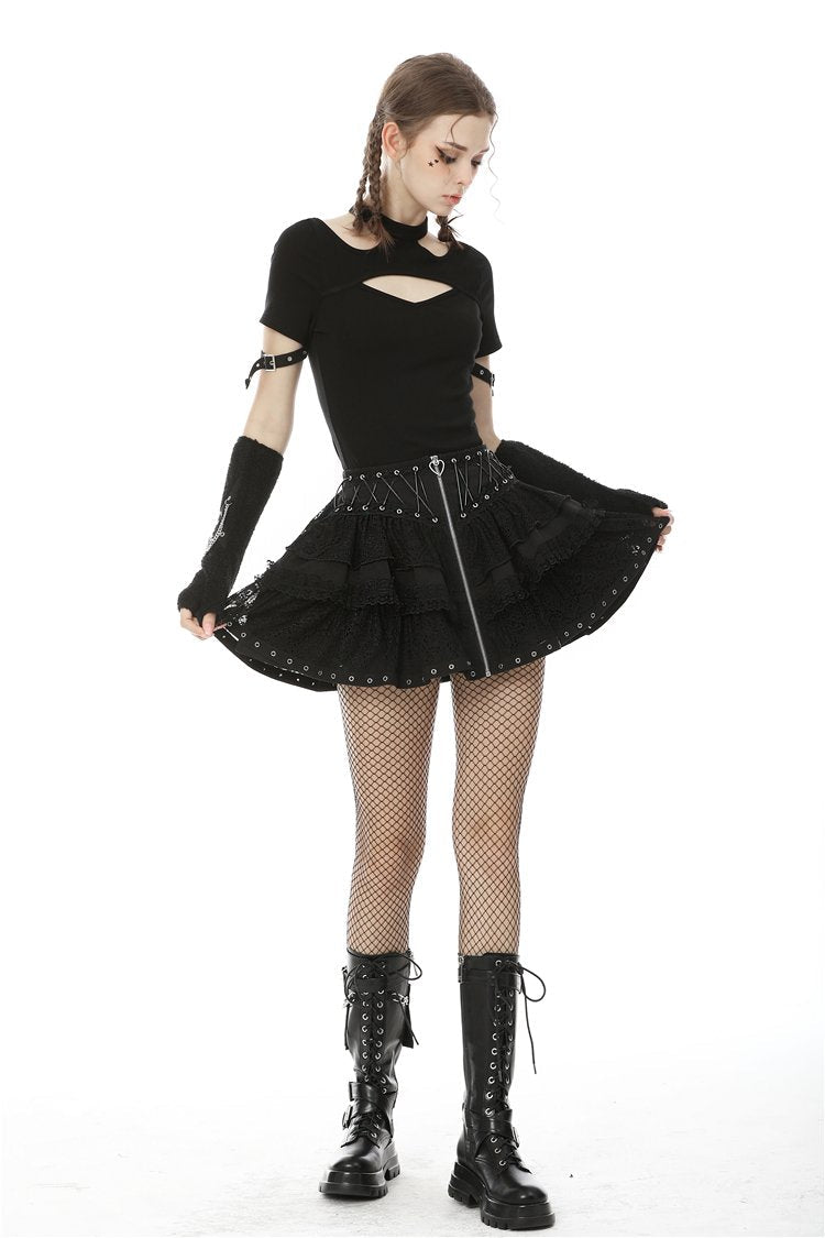 Criss Cross Heart Zip Ruffle Mini Skirt