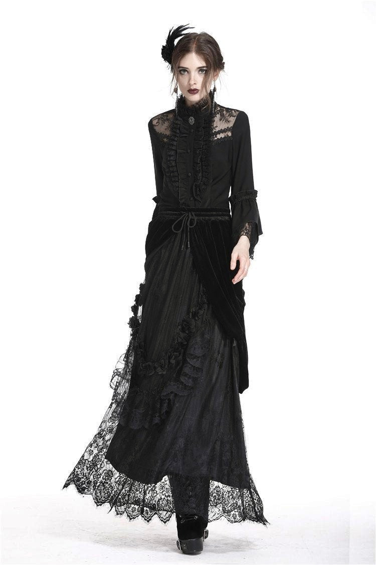 Princess Pleat Lace Velvet Maxi Skirt