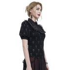 Gothic Crucifix Print Ruffle Blouse