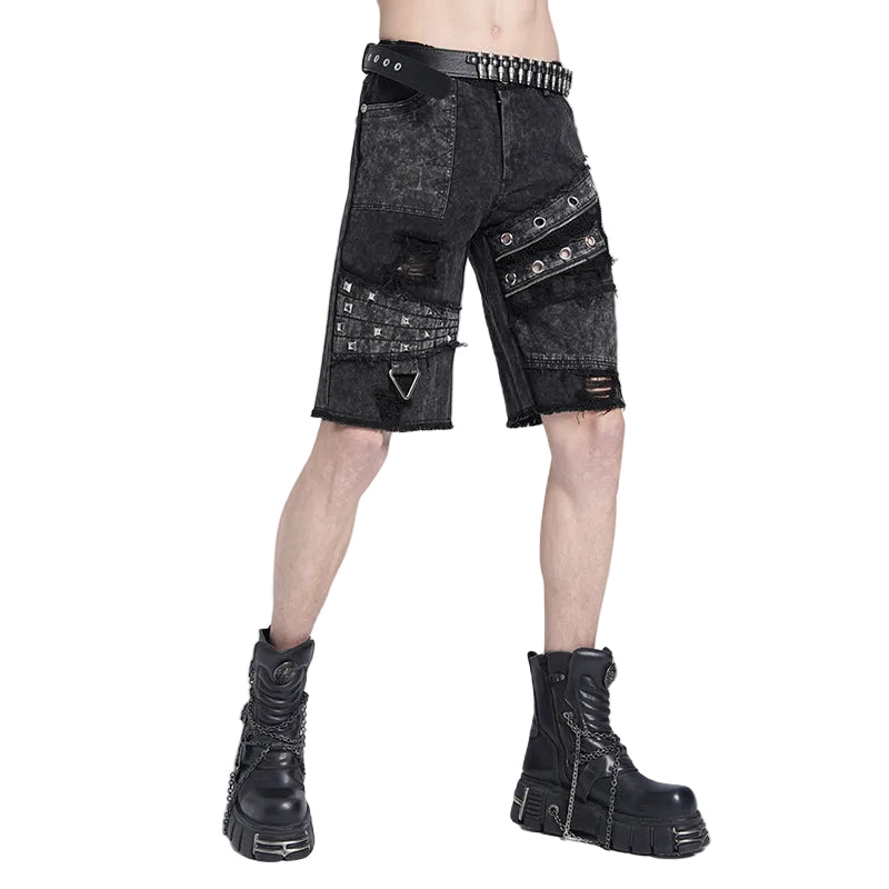 Eyelet Ripped Washed Denim Look Shorts