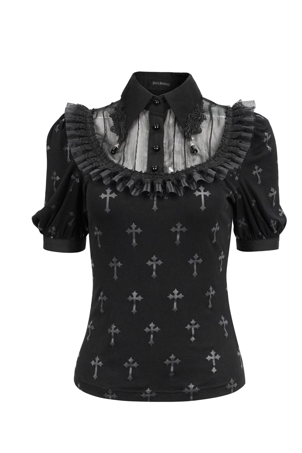Gothic Crucifix Print Ruffle Blouse
