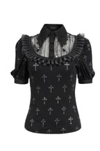 Gothic Crucifix Print Ruffle Blouse