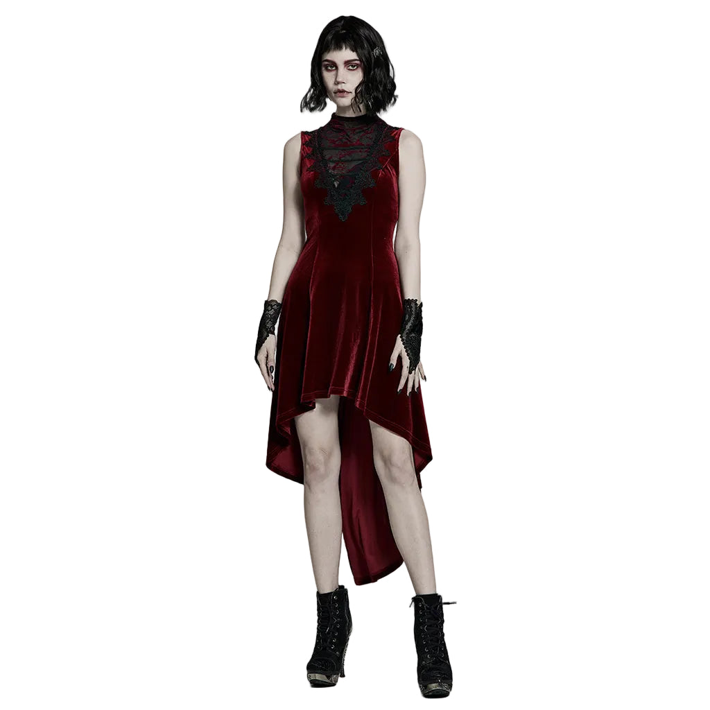 Red Gothic Hi-Lo Waterfall Velvet Sleeveless Dress