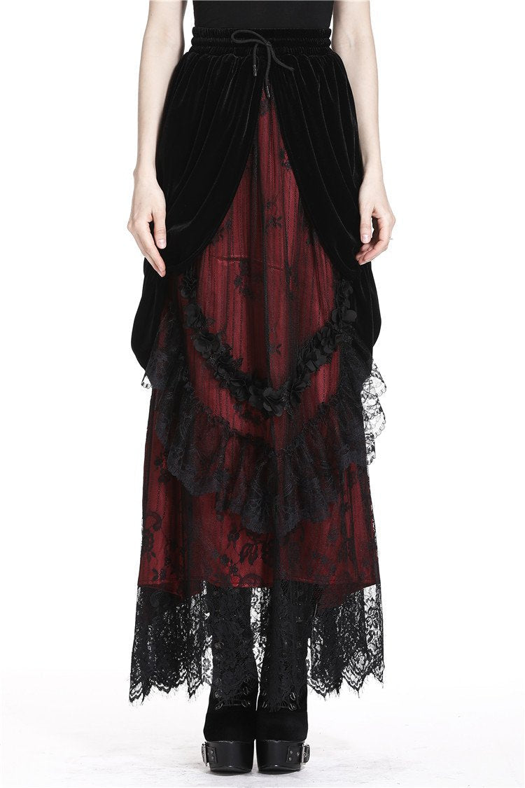 Red Princess Pleat Lace Velvet Maxi Skirt