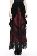 Red Princess Pleat Lace Velvet Maxi Skirt