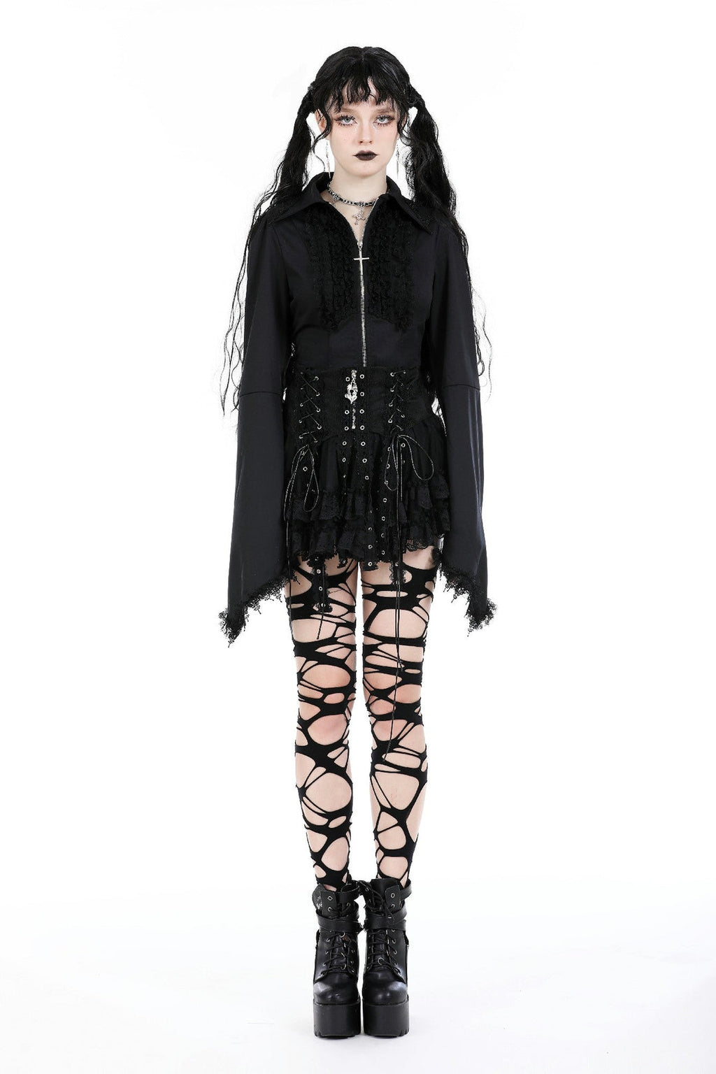 Punk Eyelet Lace Up Ruffle Mini Skirt