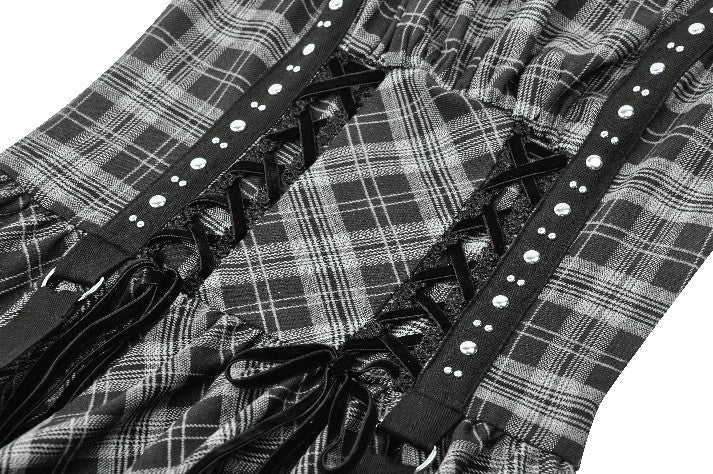 Grey Plaid Lace Up Mini Dress