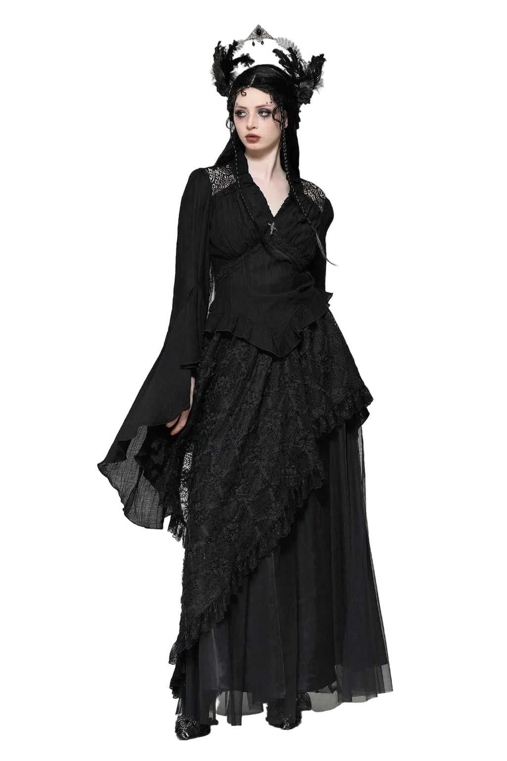 Black Flared Sleeve Crucifix Charm Blouse