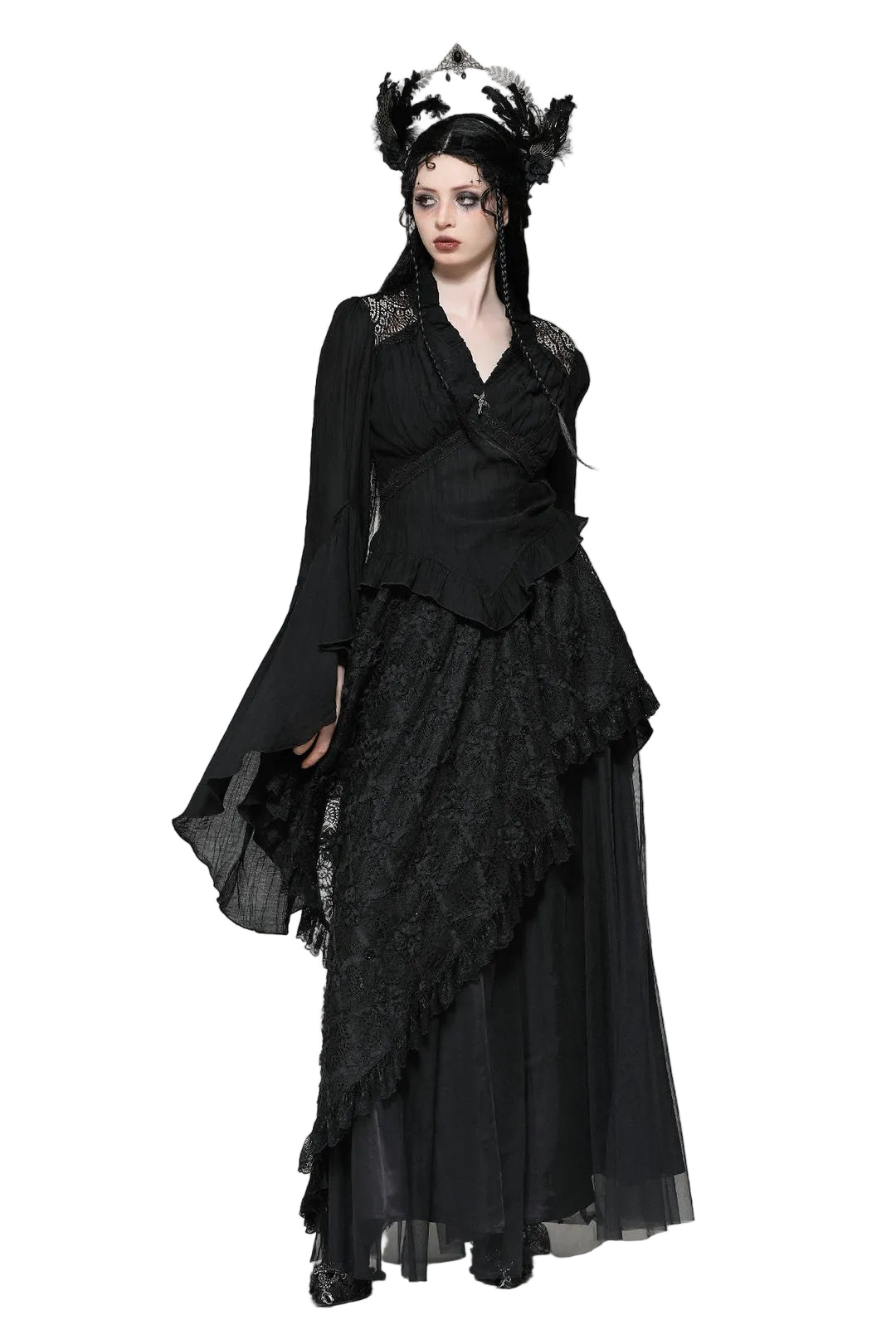 Black Flared Sleeve Crucifix Charm Blouse