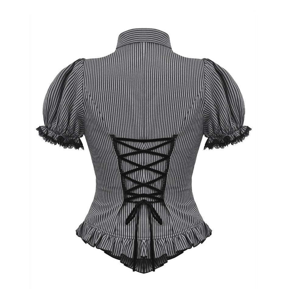 Pinstripe Ribbon Cat Broach Collar Blouse