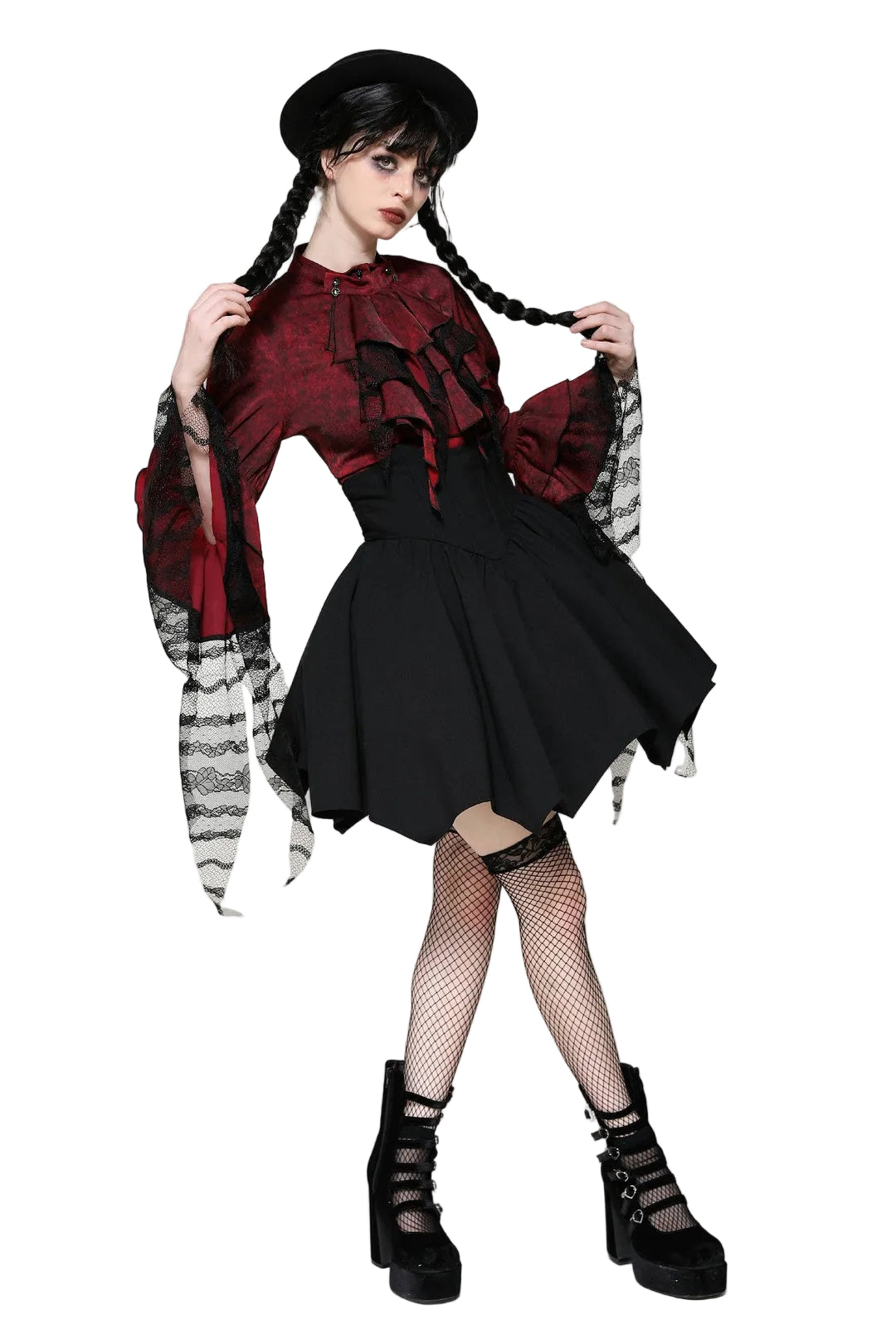 Red Ruffle Neck Trail Sleeve Blouse