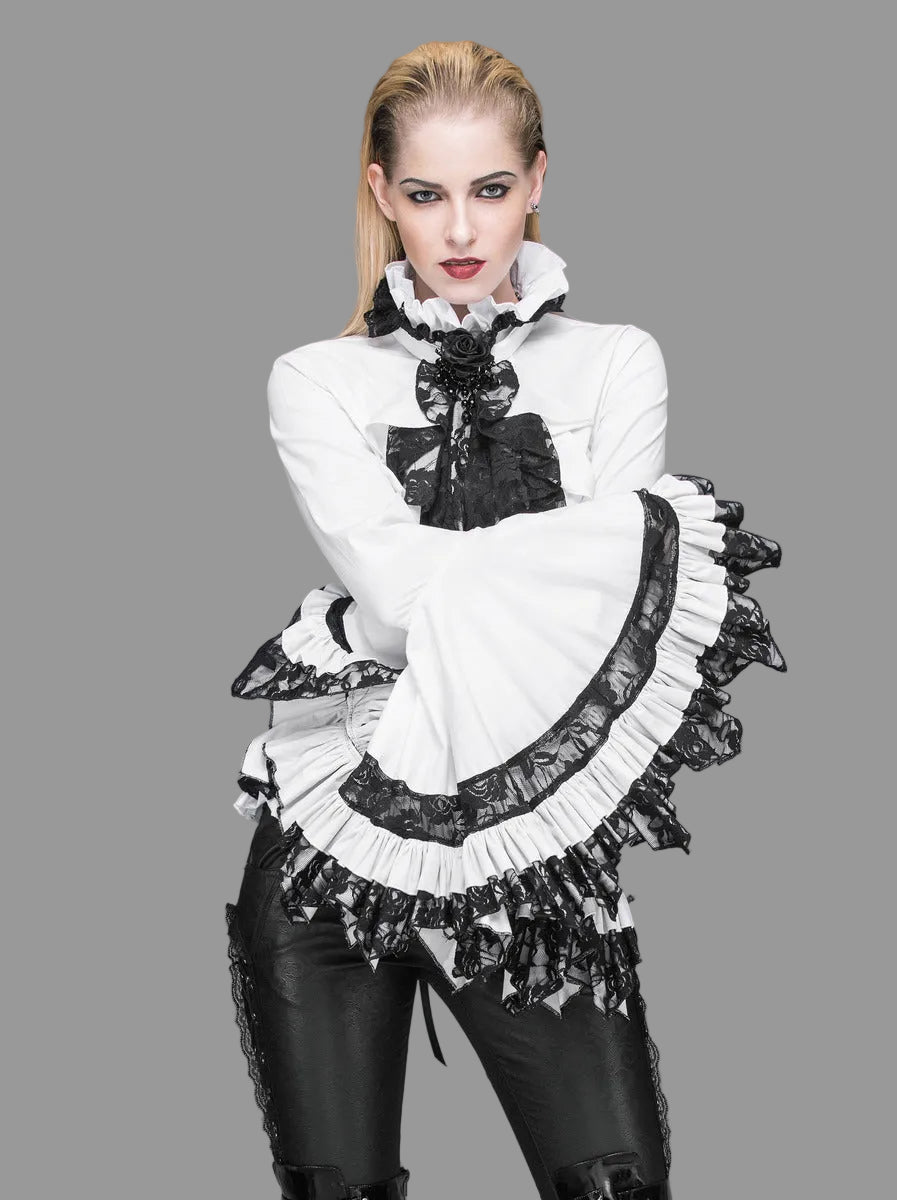 Flared Ruffle Sleeve Rose Cravat White Blouse