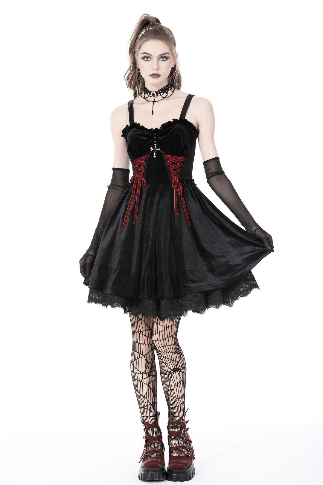 Bloody Lace Up Velvet Dress