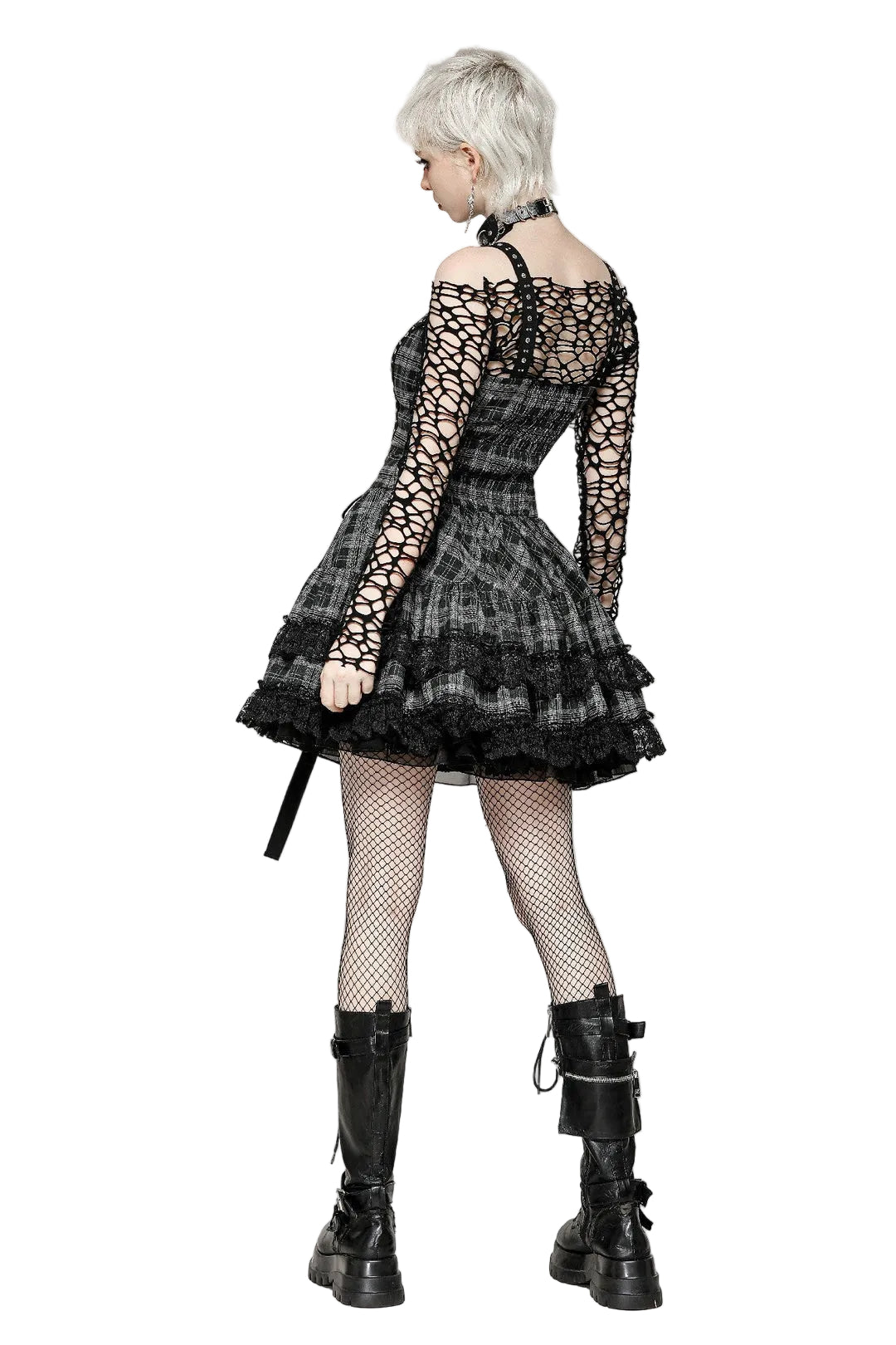 Grey Plaid Lace Up Mini Dress