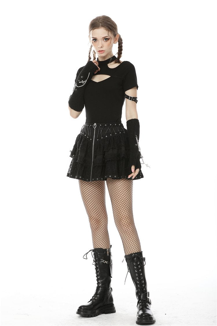 Criss Cross Heart Zip Ruffle Mini Skirt