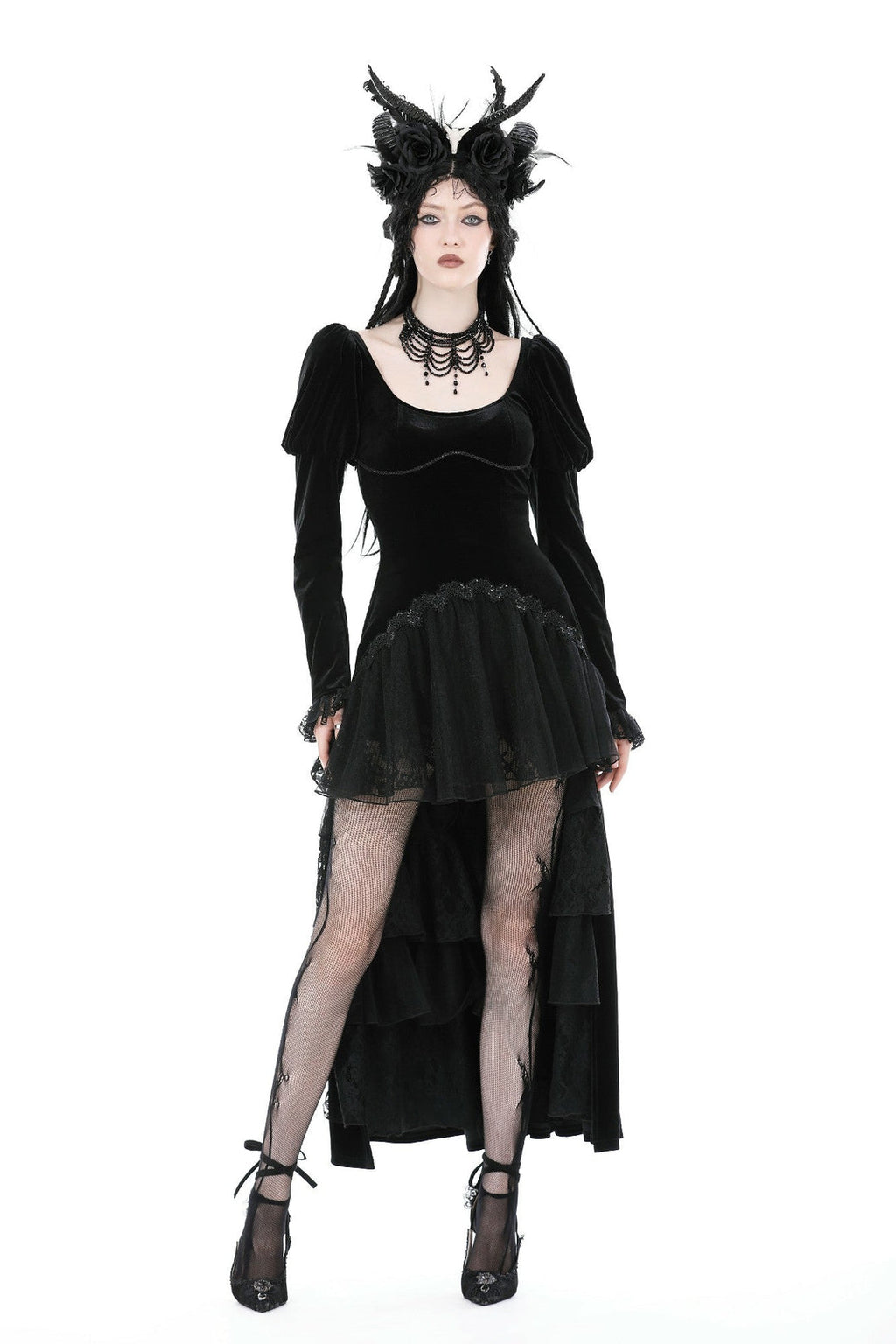 Velvet Ruffle Hi-Lo Dress