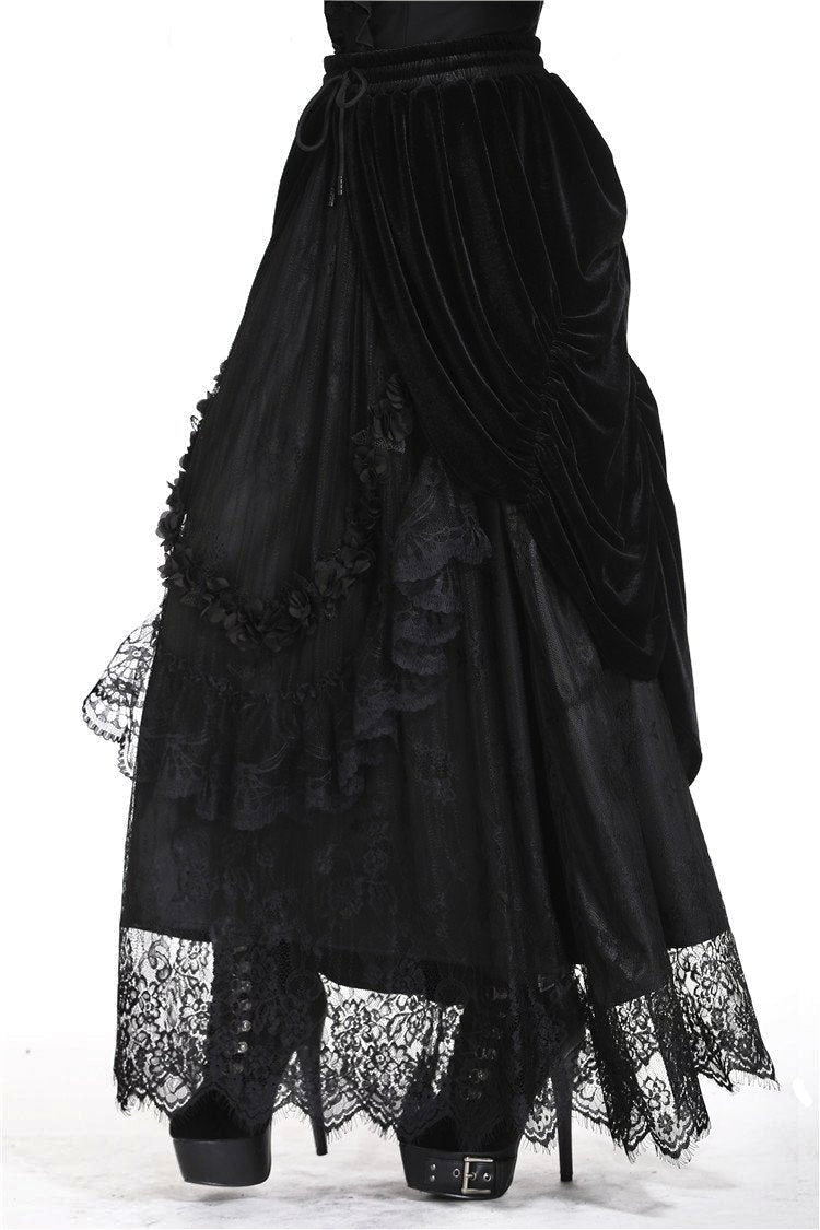 Princess Pleat Lace Velvet Maxi Skirt