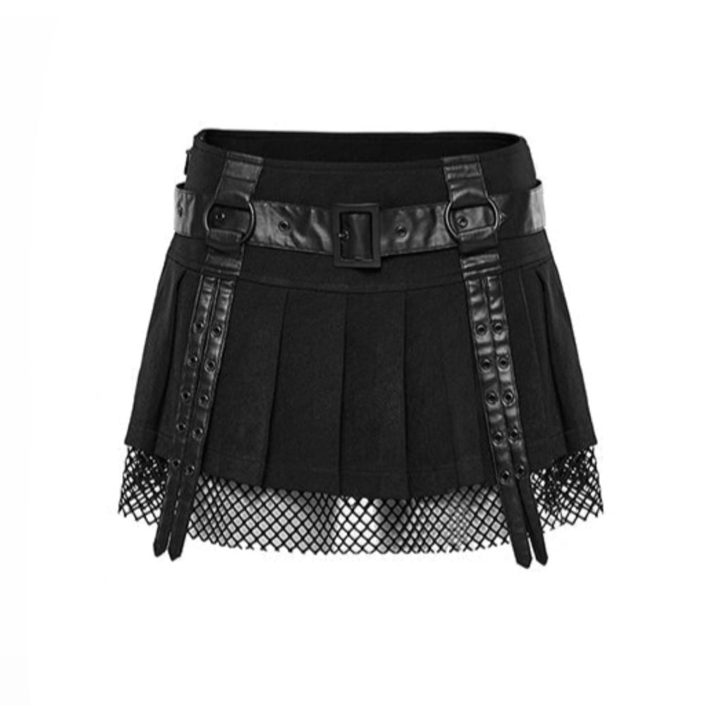 Buckle Strap Net Mini Skirt