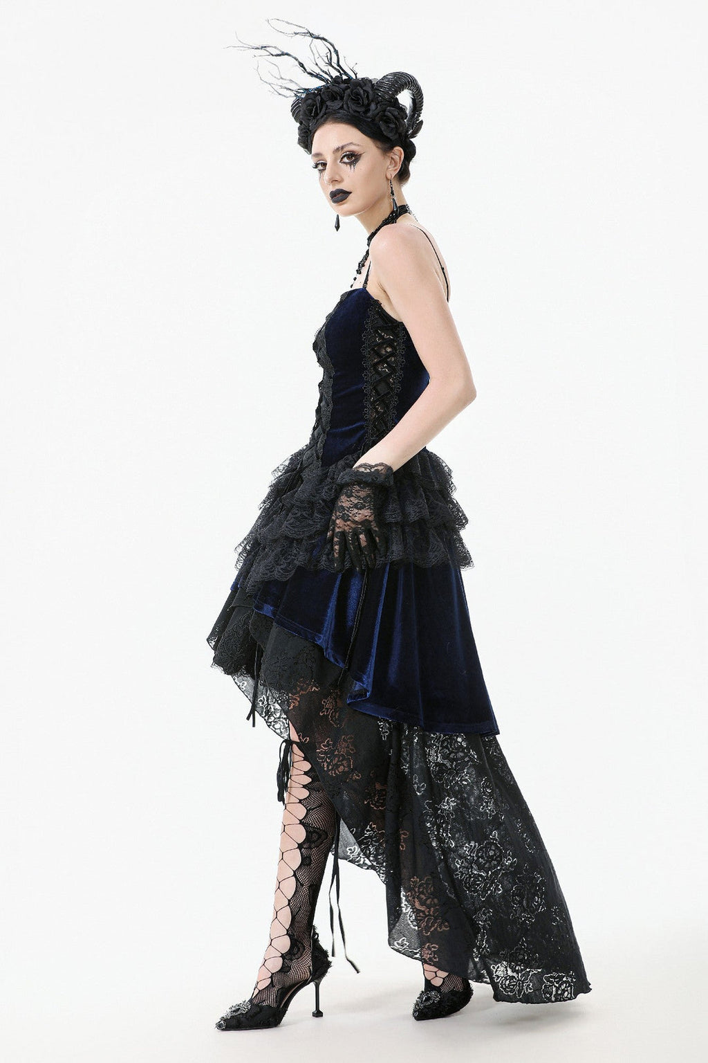 Royal Indigo Velvet Lace Hi-Lo Dress
