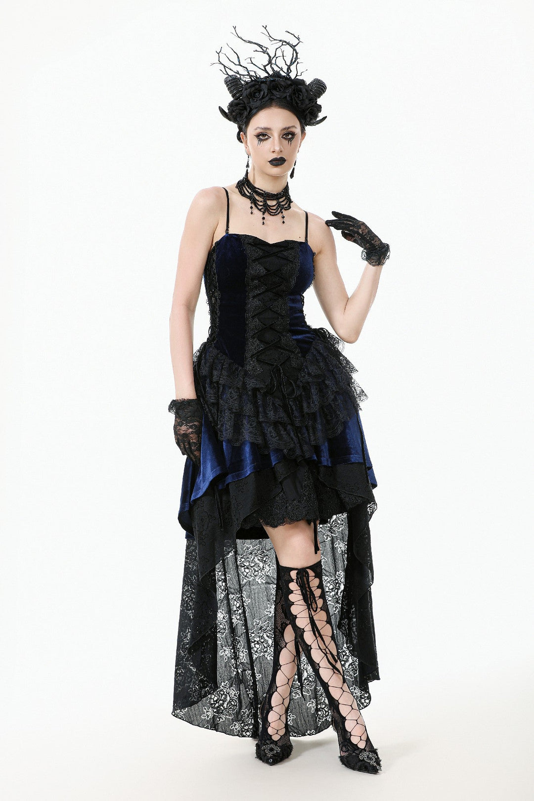 Royal Indigo Velvet Lace Hi-Lo Dress