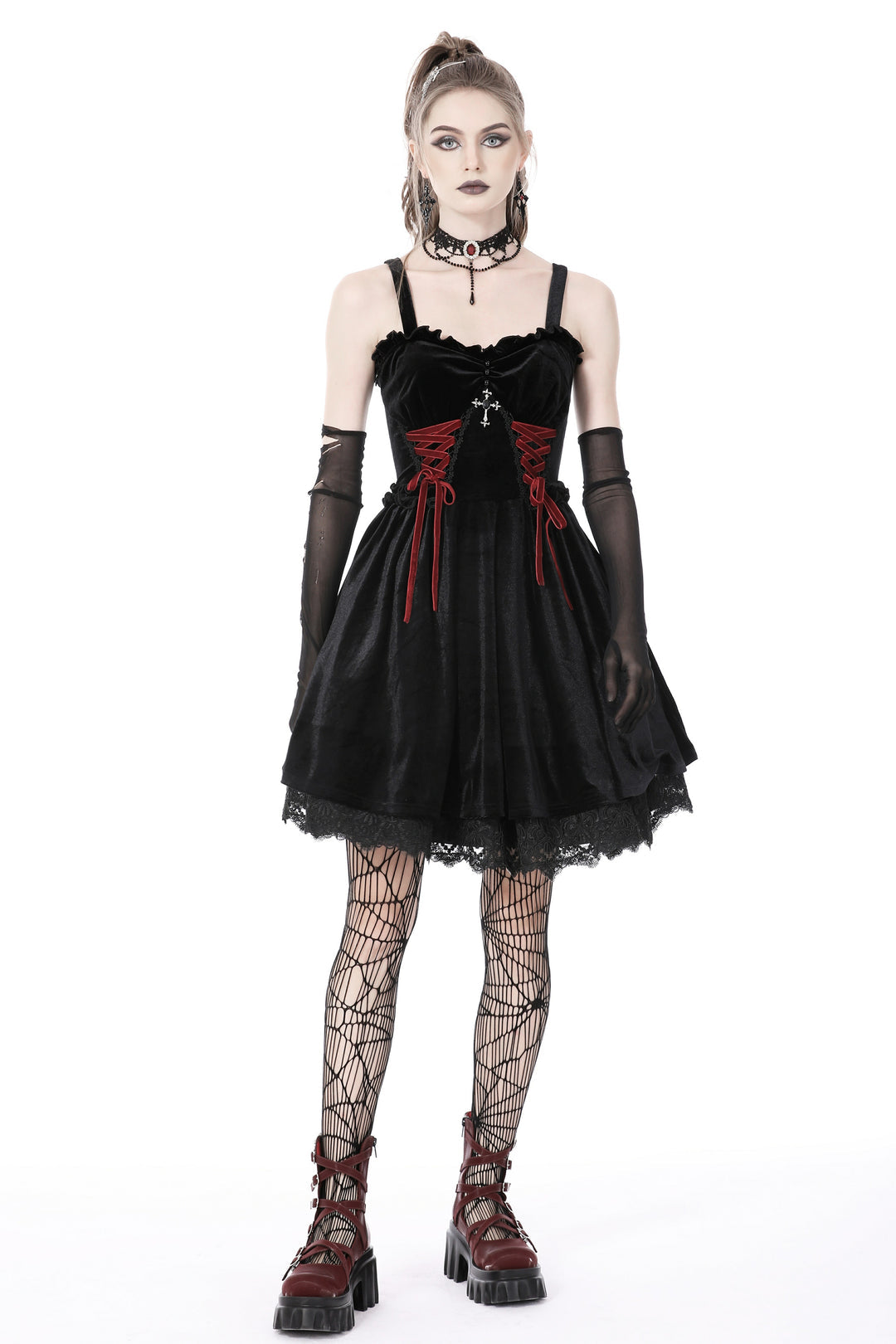 Bloody Lace Up Velvet Dress
