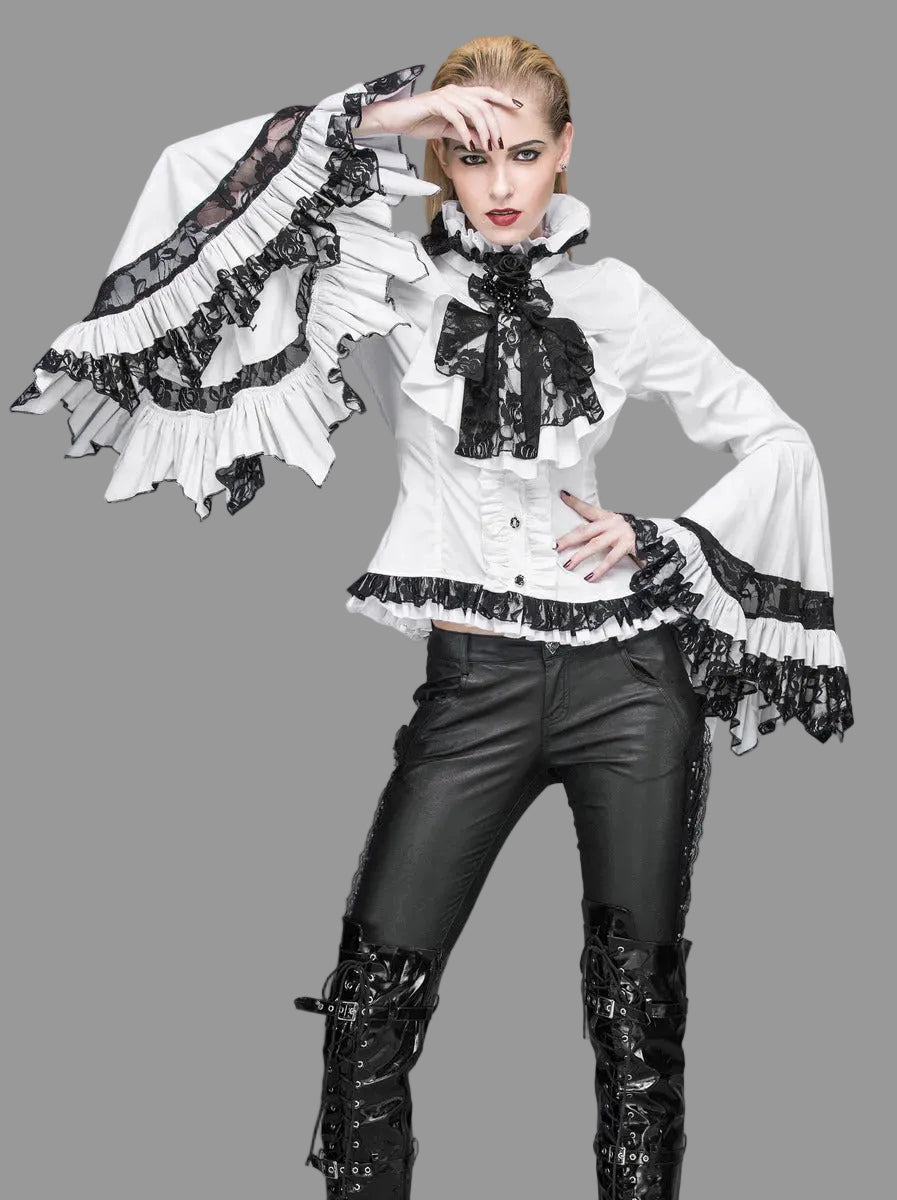 Flared Ruffle Sleeve Rose Cravat White Blouse