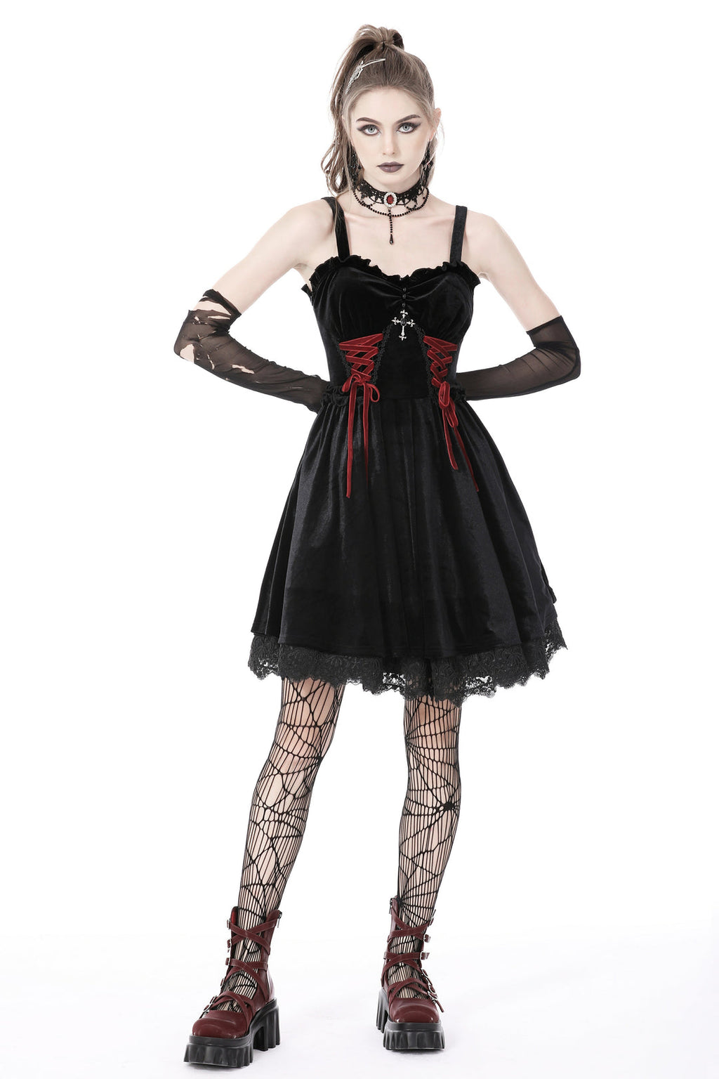 Bloody Lace Up Velvet Dress