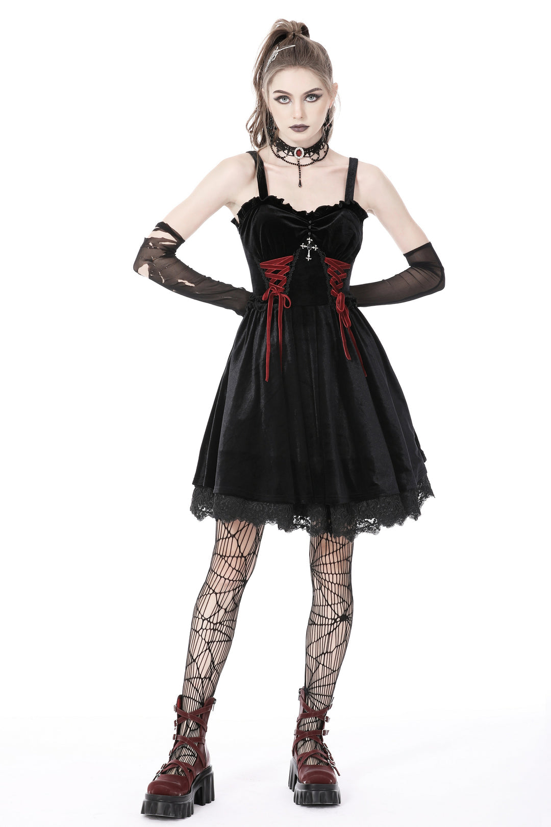 Bloody Lace Up Velvet Dress
