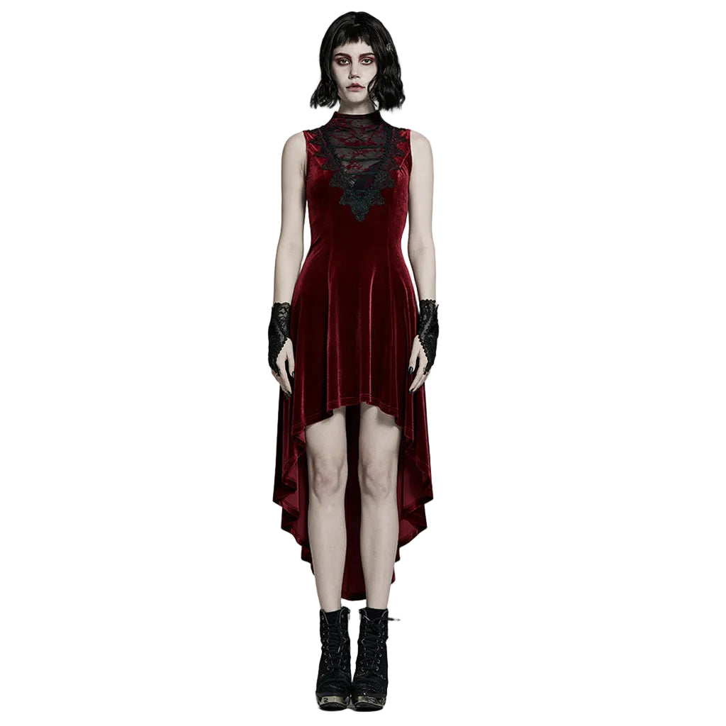 Red Gothic Hi-Lo Waterfall Velvet Sleeveless Dress