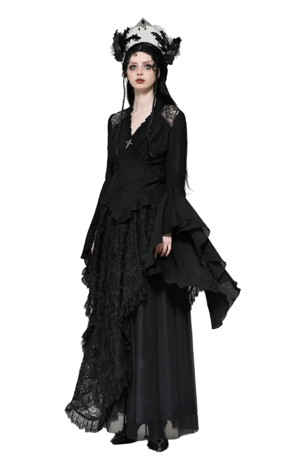 Black Flared Sleeve Crucifix Charm Blouse