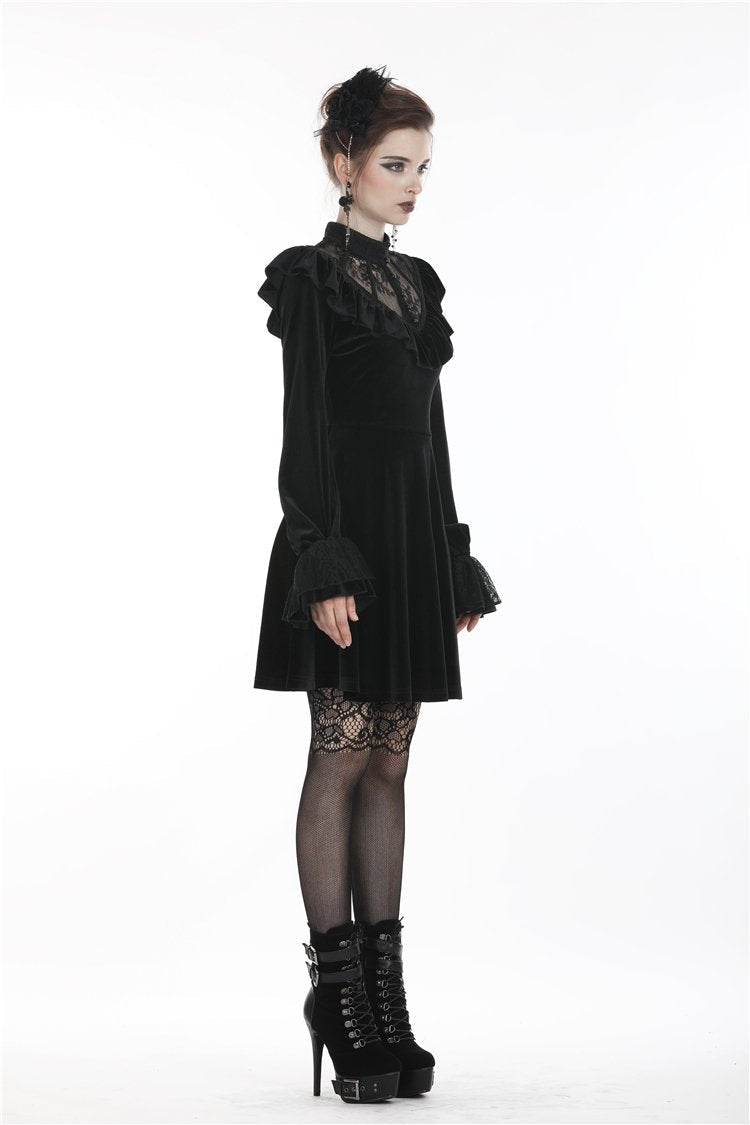 Sheer Lace V Neck Velvet Dress