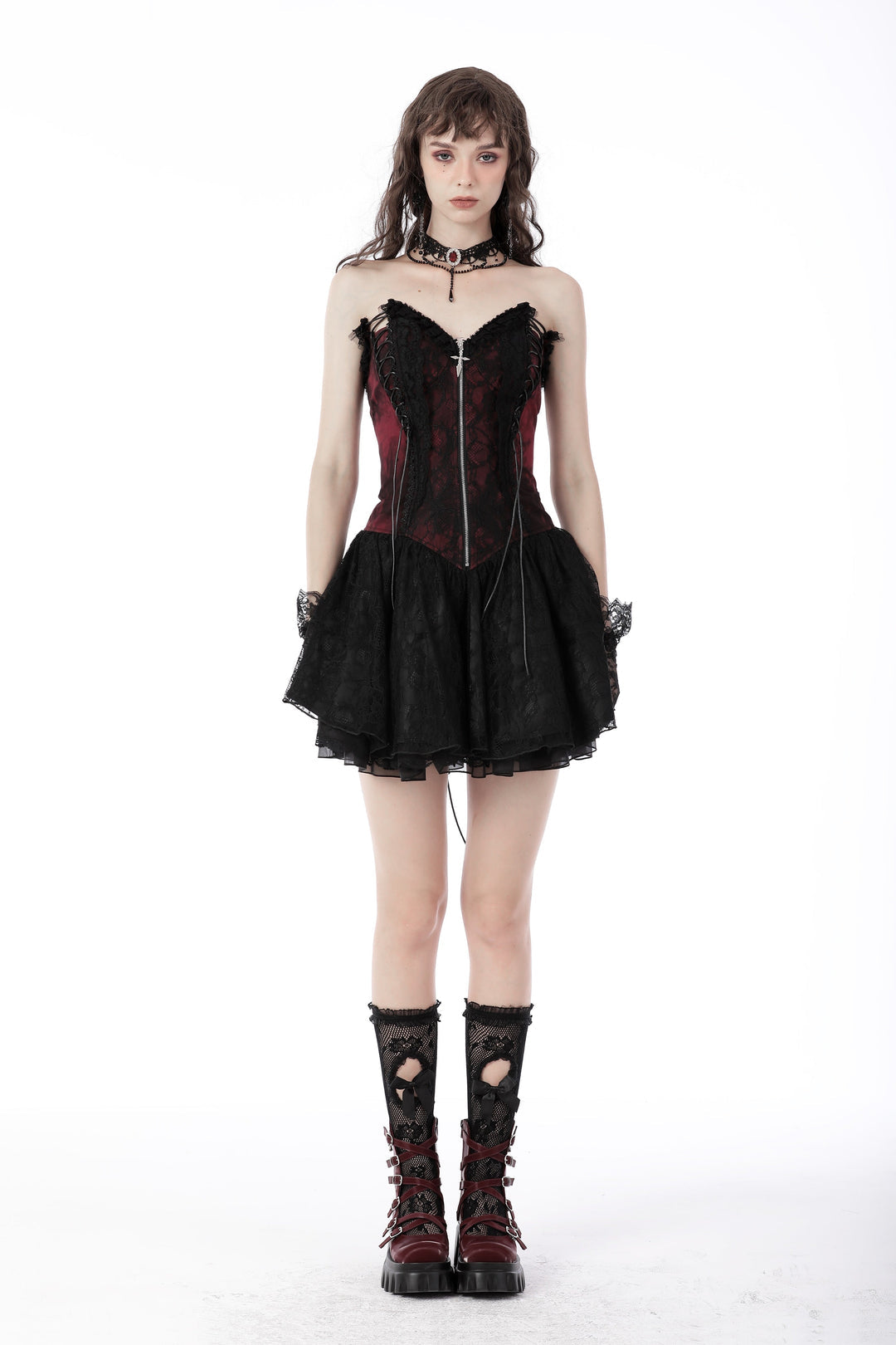 Red Wine Laced Crucifix Zip Mini Dress