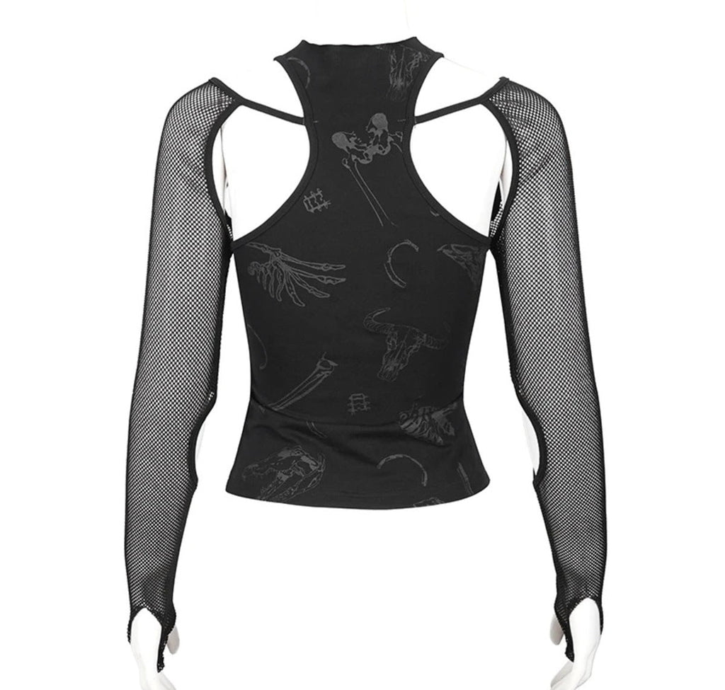 Pentagram Net Sleeve Shoulder Cutout Top