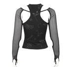 Pentagram Net Sleeve Shoulder Cutout Top