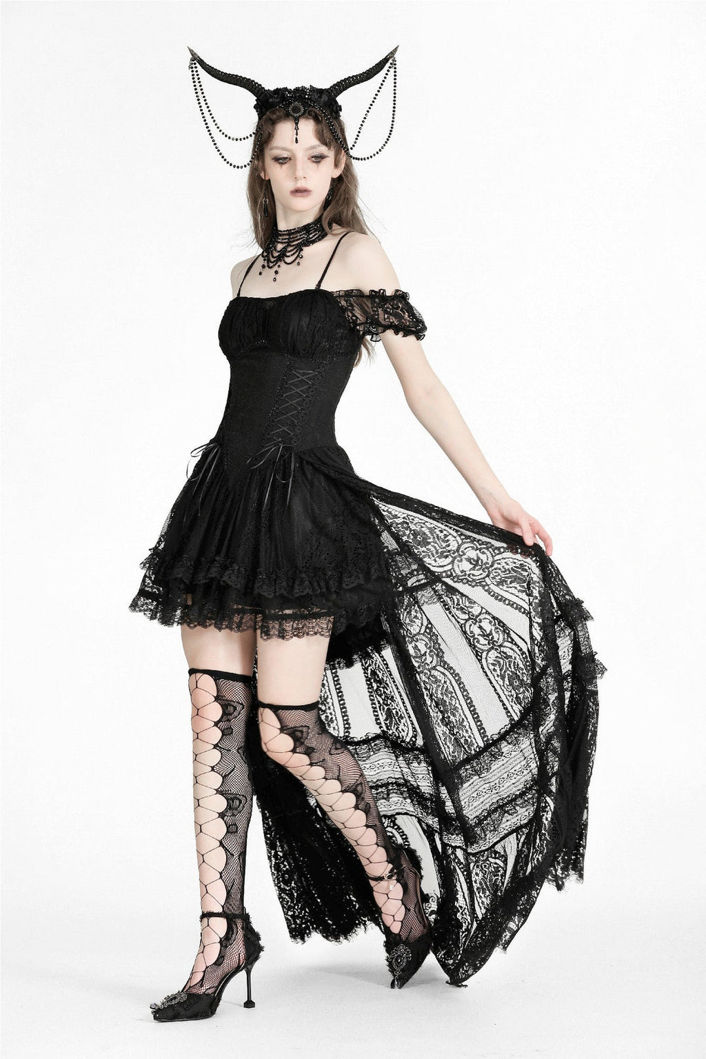 Romantic Lace Trail Bardot Strap Dress
