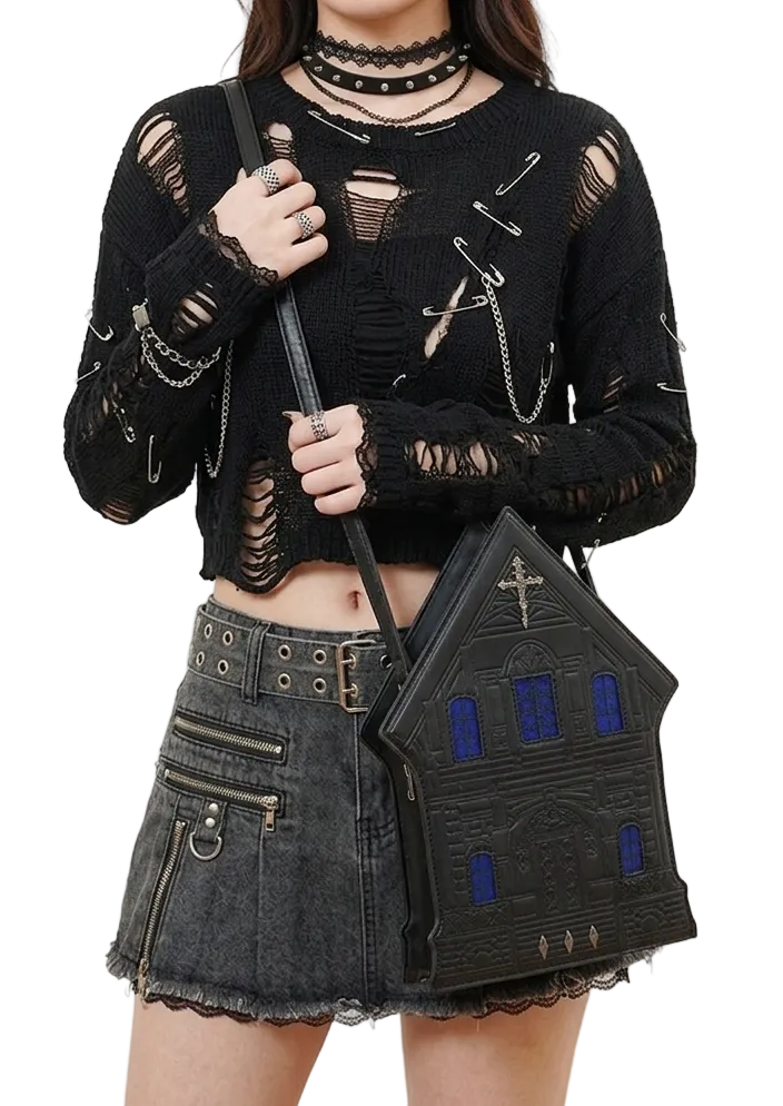 Blue Haunted House Crucifix Bag