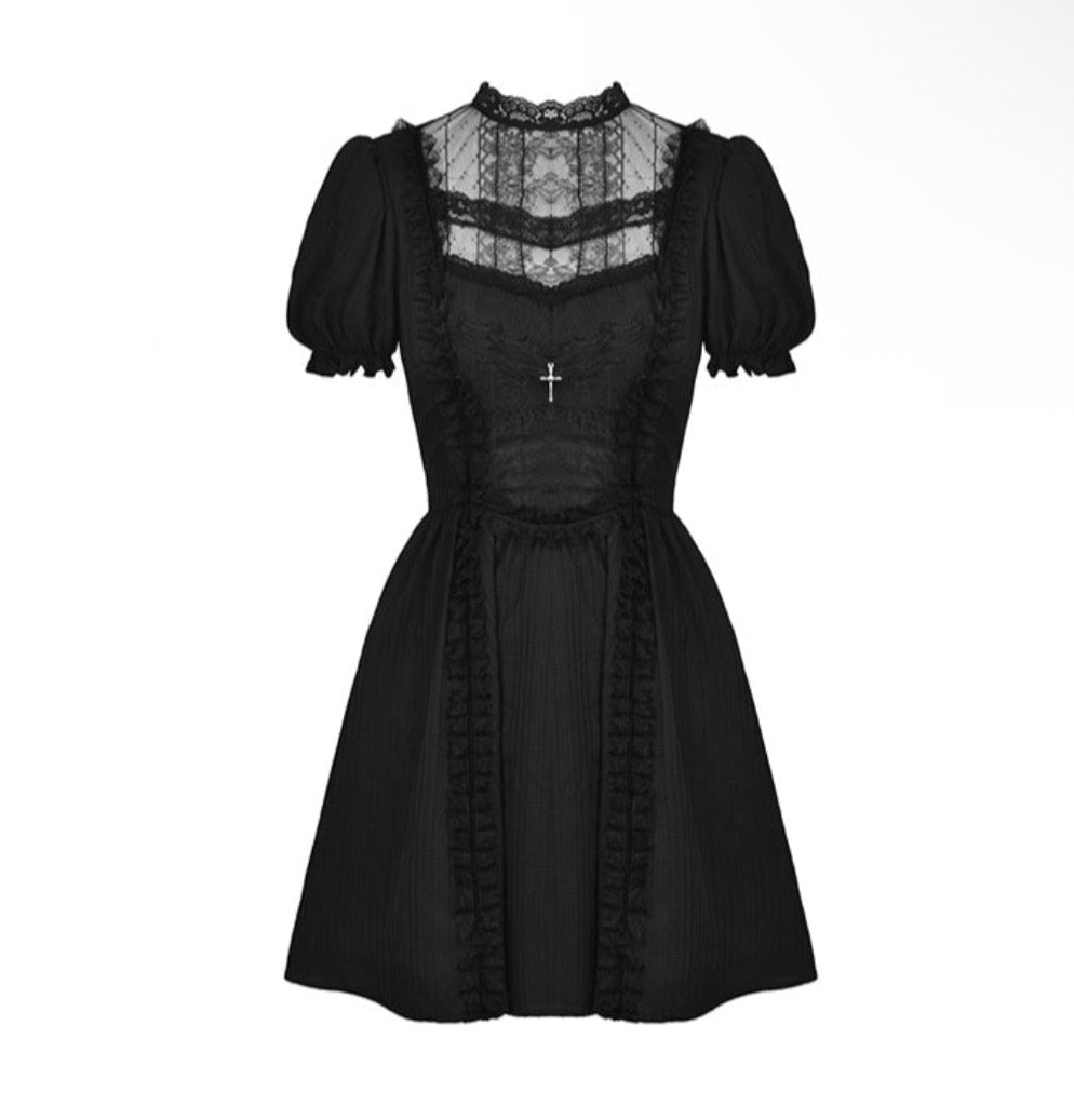 Vintage Netted Neck Puff Sleeve Dress