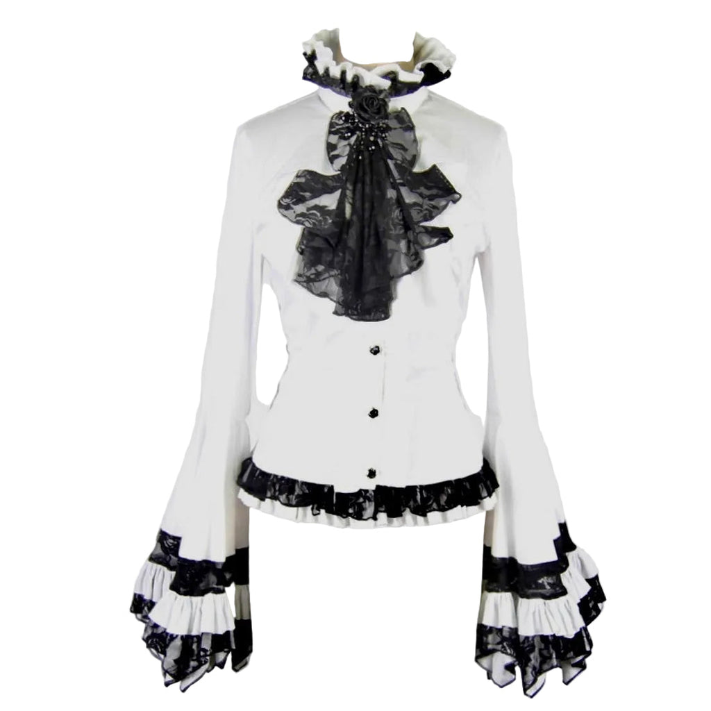 Flared Ruffle Sleeve Rose Cravat White Blouse