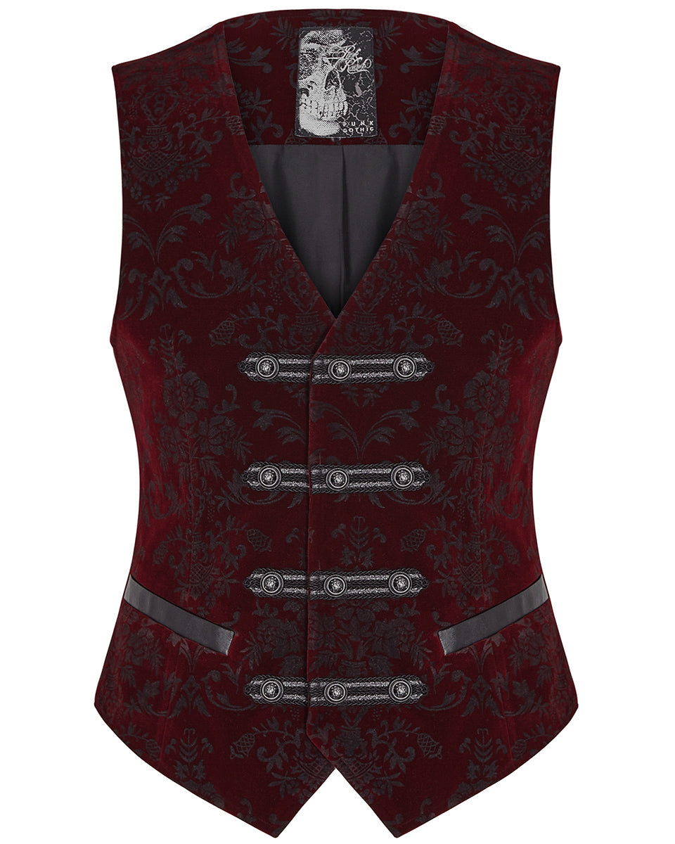 Red Alcazar Button Up Velvet Waistcoat