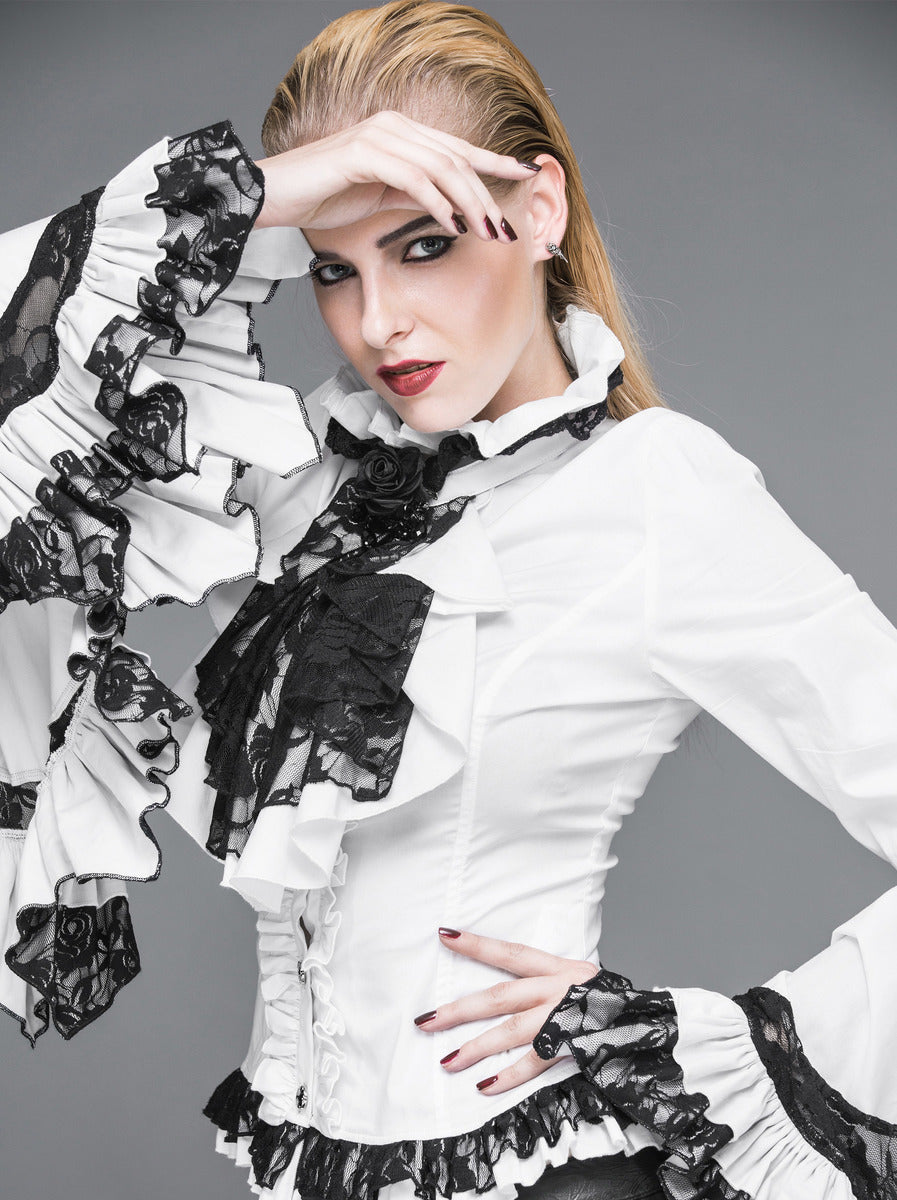 Flared Ruffle Sleeve Rose Cravat White Blouse