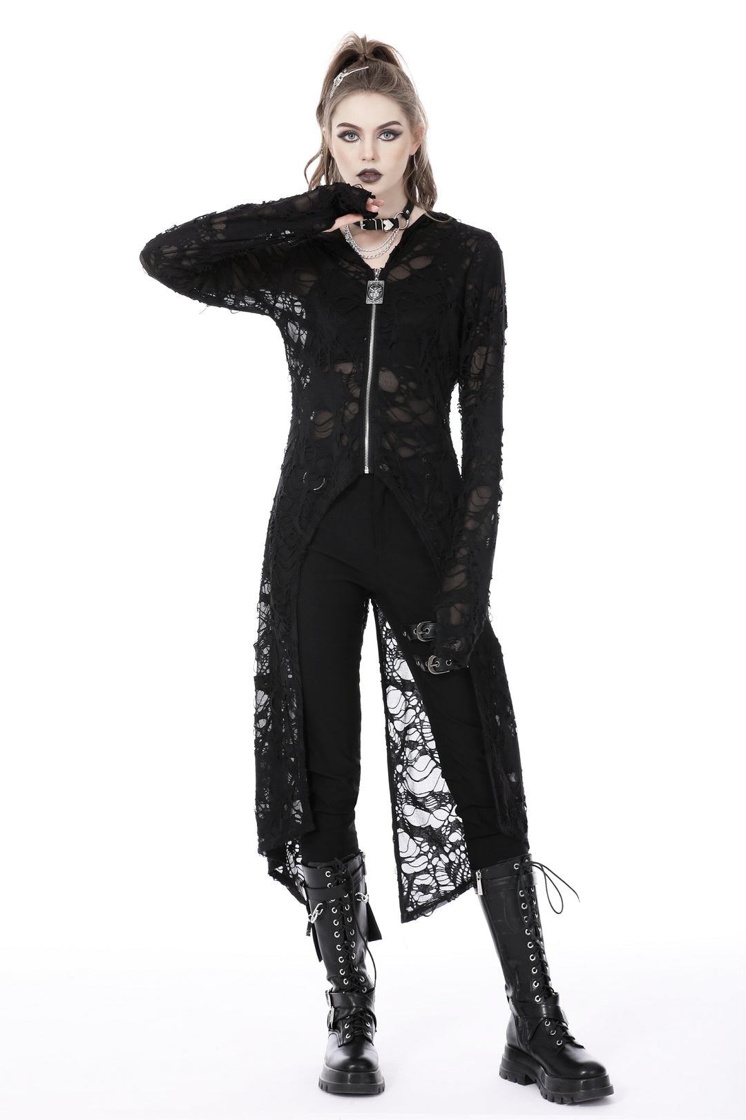 Ripped Hooded Half Zip Long Jacket