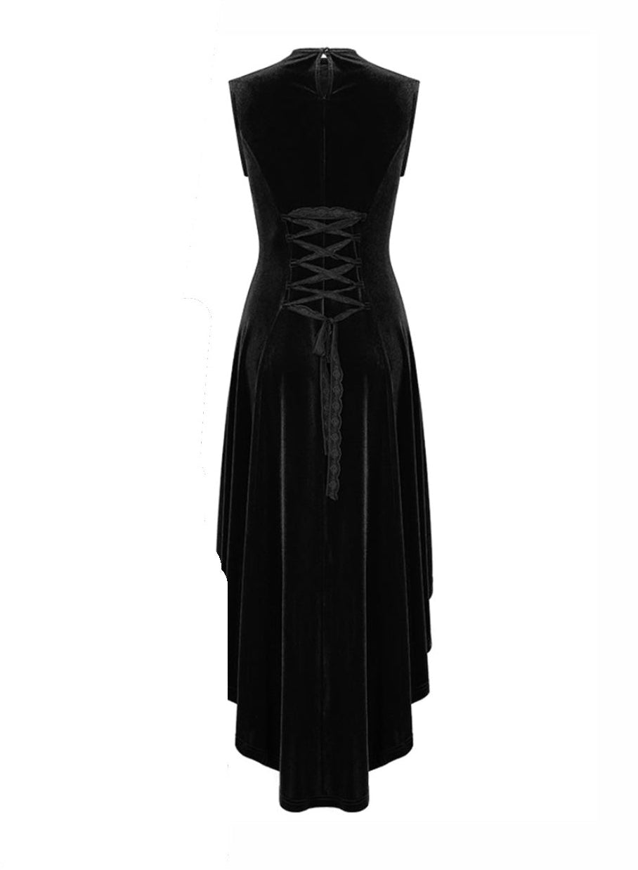 Black Gothic Hi-Lo Waterfall Velvet Sleeveless Dress