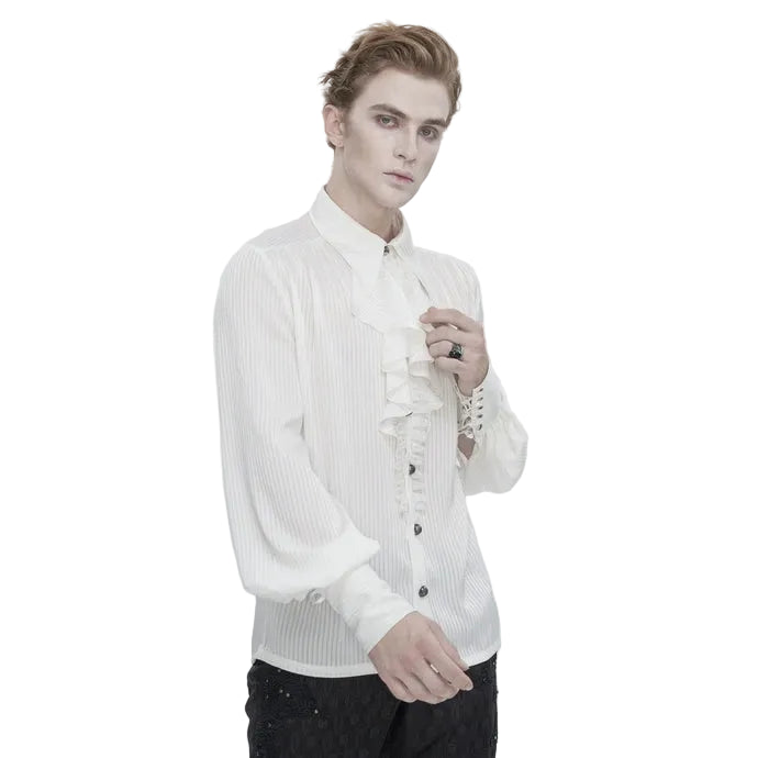 White Pinstripe Ruffle Shirt