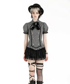 Pinstripe Ribbon Cat Broach Collar Blouse