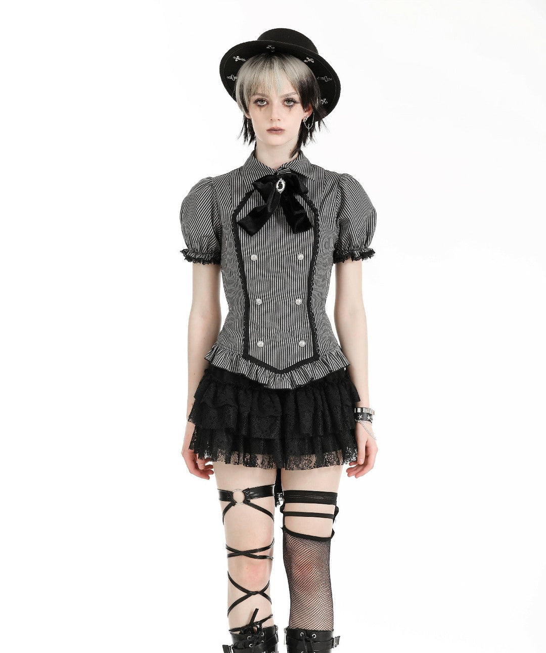 Pinstripe Ribbon Cat Broach Collar Blouse